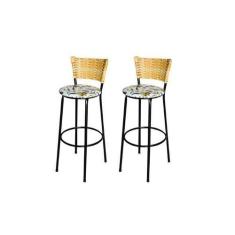 Imagem de Jogo 2 Banqueta Alta Para Cozinha Ratan Palha Preta Estofado Floral - 