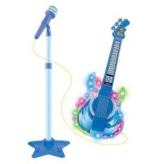 Imagem de Guitarra Infantil C Microfone Pedestal Toca Mp3 Luz Som Azul