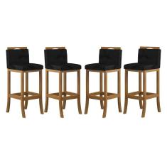 Imagem de Kit 4 Banquetas Alta Encosto Estofado 38x102 Cm Turim Madeira Maciça Amêndoa Suede Preto CCS