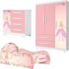 Imagem de Quarto Infantil Princesa Com Cama, Comoda, Guarda Roupa Rosa