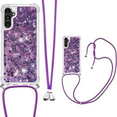 Imagem de Ephoou Capa com glitter para Samsung Galaxy A14 com alça de pescoço ajustável, capa líquida de TPU macio de TPU (poliuretano termoplástico) transparente brilhante para Samsung Galaxy A14 4G/5G
