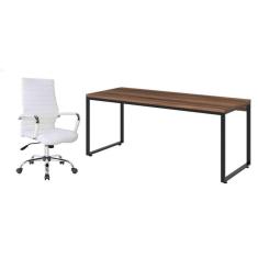 Imagem de conjunto de mesa kuadra nogal e preta com cadeira de escritório diretor giratória cleaner branca