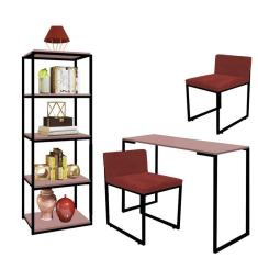 Imagem de Kit Escritório Ravi 2 Cadeiras Suede Vermelho com 1 Mesa e 1 Livreiro Ferro Preto MDF Rose Rosa - Ahazzo Móveis