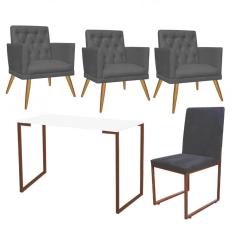 Imagem de Kit Escritório Stan 3 Poltronas Maria com Cadeira e Mesa Industrial Branco Bronze Tecido Sintético Cinza - Ahz Móveis