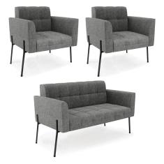 Imagem de Sofá Namoradeira E 2 Poltronas Pé De Ferro Preto Elisa Linho Grafite A26 D03 - D'rossi