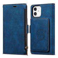 Imagem de Capa carteira de couro para iPhone 11 12 13 14 Pro Mini XR XS Max X 8 7 6s 6 Plus SE 2020 2022 SE3 Capa de livro com zíper, azul, para iPhone 11 Pro Max