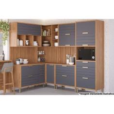 Imagem de Cozinha Modulada Completa Eloise 11 Peças (3Aéros+3Balcões+1Paneleiro+4Complemento) CZ030 Freijo/Titanium - MGM