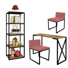 Imagem de Kit Escritório Bex 2 Cadeiras Suede Rose com 1 Mesa e 1 Livreiro Ferro Preto MDF Imbuia - Ahazzo Móveis