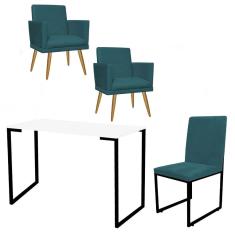 Imagem de Kit Escritório Stan 2 Poltronas Rodapé com Cadeira e Mesa Industrial Branco Preto Suede Azul Turquesa - Ahz Móveis