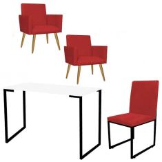 Imagem de Kit Escritório Stan 2 Poltronas com Cadeira e Mesa Industrial Tampo Branco Preto Tecido Sintético Vermelho - Ahz Móveis