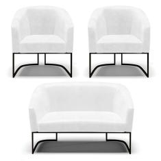 Imagem de Sofá Namoradeira E 2 Poltronas Base Industrial Preto Stella Corano D03 - D'rossi Cor Branco
