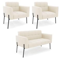 Imagem de Sofá Namoradeira E 2 Poltronas Pé De Ferro Preto Elisa Veludo D03 - D`rossi Cor Bege