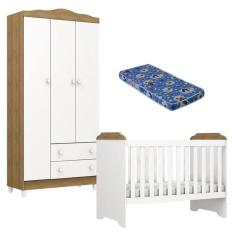 Imagem de Berço Americano Mini Cama E Guarda Roupa Mel Flat Branco Acetinado Amadeirado Com Colchão Ortobom - Carolina