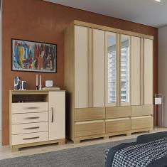 Imagem de Kit Guarda Roupa Casal Arizona 6 Portas com Espelho e Cômoda 1 Porta e 4 Gavetas Aspen I01 Carvalho Off White - Clique Chique Móveis