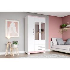 Imagem de Guarda-Roupa Açai 03 Pts. C/ Espelho Branco/Branco/Rosa-Chá - Henn