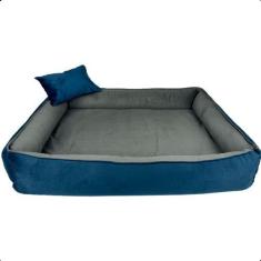 Imagem de Cama para Cachorro Caminha Pet Scott Veludo Cinza/Azul com Travesseiro