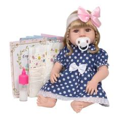 Imagem de Boneca Reborn Realista Loira Vestido Bolinha Vários Itens