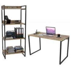 Imagem de Kit Escritório Estilo Industrial Mesa e Estante Carvalho