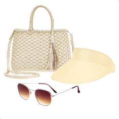 Imagem de Kit Bolsa de Palha Feminina + Viseira Para Sol + Óculos de Sol Para Praia Verão Moda (Areia+Marrom)