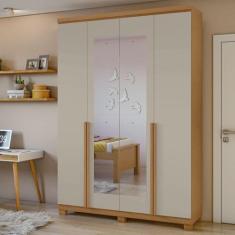 Imagem de Guarda-roupa 4 Portas 2 Gavetas 100% Mdf Alonzo com espelho e com Pés Amêndoa Clean/off White