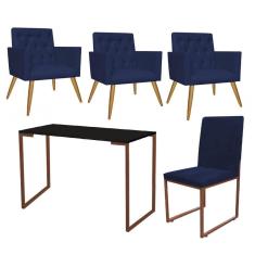 Imagem de Kit Escritório Stan 3 Poltronas Capitonê com Cadeira e Mesa Industrial Preto Bronze Suede Azul Marinho - Ahz Móveis