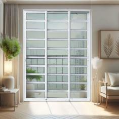 Imagem de Porta de Correr com Travessas 3 Folhas Moveis Sequenciais 210 X 240 Elite com Fechadura Tetra Vidro Branco