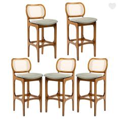 Imagem de Kit 5 Banquetas Alta para Balcão Decor Madeira Imbuia Encosto Rattan Linho Verde L84 RMI