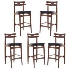 Imagem de Kit 5 Banquetas Alta Estofada França 46 x 106 Cm Madeira Maciça Imbuia Facto Impermeável Preto - RMI