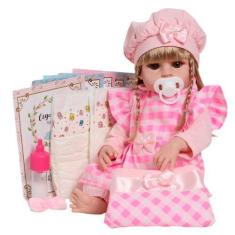 Imagem de Boneca Reborn Bebê Realista Loira Vestido Xadrez Com Itens - Cegonha R