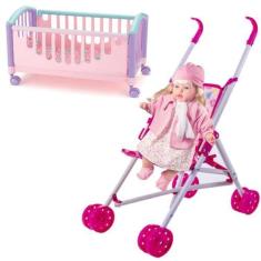 Imagem de Boneca Bebê Loira Baby Rose Ring + Kit Berço P/ Bebê Dormir - Milk Bri