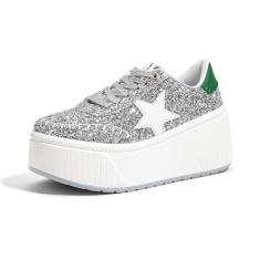 Imagem de LUCKY STEP Tênis feminino plataforma, grosso, moderno, com glitter, cunha, brilhante, salto alto, casual, brilhante, sola grossa, Glitter prateado, 38