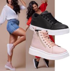 Imagem de Kit Tênis Feminino Preto Clássico Combinado Com Um Tênis Plataforma Rosa Para Um Toque De Estilo.