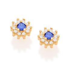 Imagem de Brinco Rommanel Banhado A Ouro Pequena Flor Com Zircônias Branco E Azul 525721