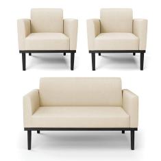 Imagem de Sofá Namoradeira Com 2 Poltronas Base De Madeira Fixa Preto Marisa Linho D03 - D`Rossi A19 Bege
