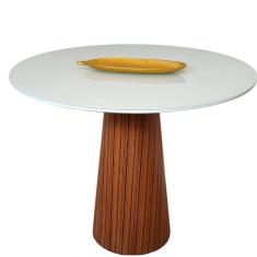 Imagem de Mesa De Jantar Cone 100 Cm Base Madeira Pau Ferro Rajado Tampo Laca + Vidro Cor Branco