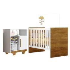Imagem de Quarto de Bebê com Berço com Suporte 100% Mdf Life e Cômoda 100% Mdf 1 Porta 3 Prateleiras Flocos Branco/madeirado Ypê