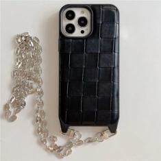 Imagem de Retro crossbody tecido grade treliça trançado padrão capa de couro para iphone 15 plus 14 13 12 11 pro max caso de telefone, preto, para iphone 14 pro max