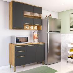 Imagem de Cozinha Modulada Compacta 2 Peças 6 Portas 2 Gavetas com Tampo e Vidro Reflecta 100% Mdf Itália Espr Amêndoa/Cinza