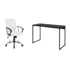 Imagem de conjunto de mesa studio preta 120 cm com cadeira de escritório diretor giratória oslo branca
