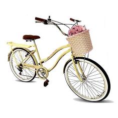 Imagem de Bicicleta aro 26 modelo retrô cesta tipo vime 6 marchas bege