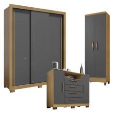 Imagem de Guarda Roupa Solteiro Nevoa Flex 3 Portas de Correr com Cômoda Madri e Armário Multiuso Egito Carvalho Americano Grafite - Incorplac