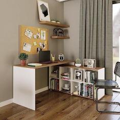 Imagem de Mesa Escrivaninha Barcelona em L com 8 Nichos Drd Móveis Branco/amadeirado Montana/Perfect Wood