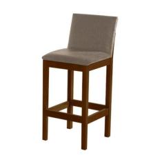 Imagem de Banqueta Alta Pérola com Encosto Estofada em Linho Bege Madeira Maciça