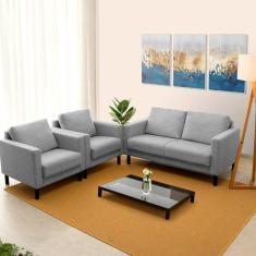 Imagem de Conjunto Sofá 2 Lugares com USB e 2 Poltronas em Linho Antúrio CabeCasa MadeiraMadeira Cinza