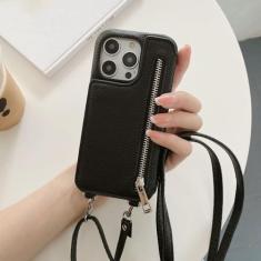 Imagem de Capa de telefone com zíper carteira espelho de maquiagem crossbody cordão para iPhone 14 Pro Max 13 12 11 XR XS 7 8 Plus capa de couro com bolso para cartão, preta, para iPhone 13 Mini