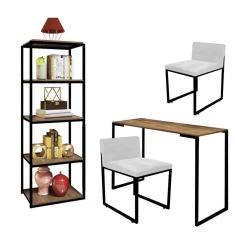 Imagem de Kit Escritório Ravi 2 Cadeiras Suede Branco com 1 Mesa e 1 Livreiro Ferro Preto MDF Caramelo - Ahazzo Móveis
