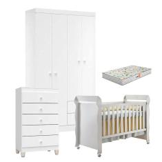 Imagem de Quarto de Bebê 4 Portas com Gaveteiro Ternura Baby e Berço Mirelle Branco Brilho com Colchão Gazin - Incorplac