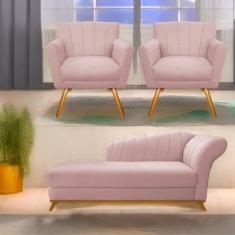 Imagem de Kit Diva Recamier Vanessa 140Cm Lado Esquerdo E 02 Poltronas Laura Suede Cor Rosê