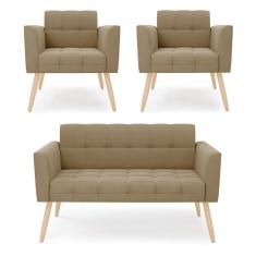 Imagem de Kit 1 Sofá Namoradeira E 2 Poltronas Elisa Suede Marrom Rato Pés Palito Natural - D`rossi