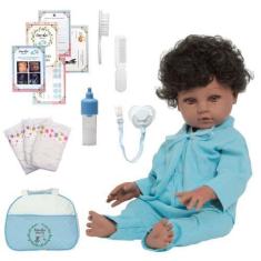 Imagem de Boneco Reborn Bebê Masculino Corpo de Silicone Pijama Azul - Cegonha R